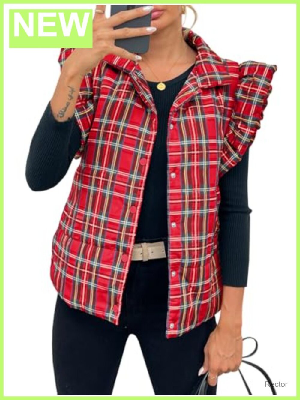 Womens Plaid Puffer Vest Ruffle Sleeveless Quilted Button Down Warm